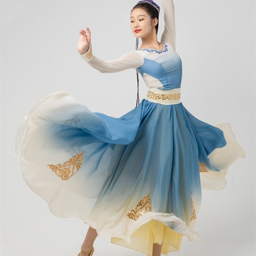 Women girls Blue Gradient  Chinese Folk Xinjiang dance dresses Ethnic Uyghur dance skirt art exam dance clothing for female